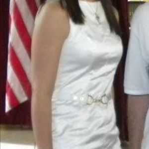 Cache, size 6, white sleeveless belted midi dress!